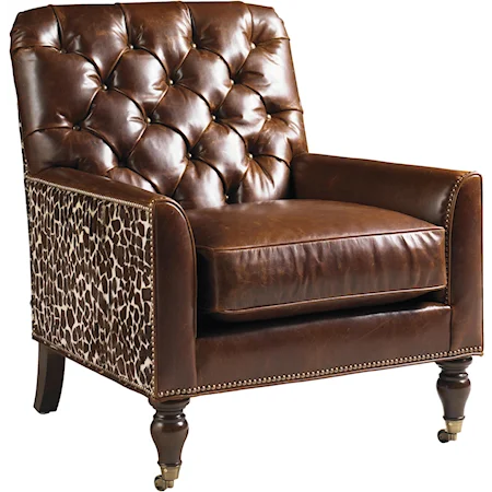Sandhurst Brown Leather & Giraffe Hair-On-Hide Leather Upholstered Chair with Tufted Back & Casters